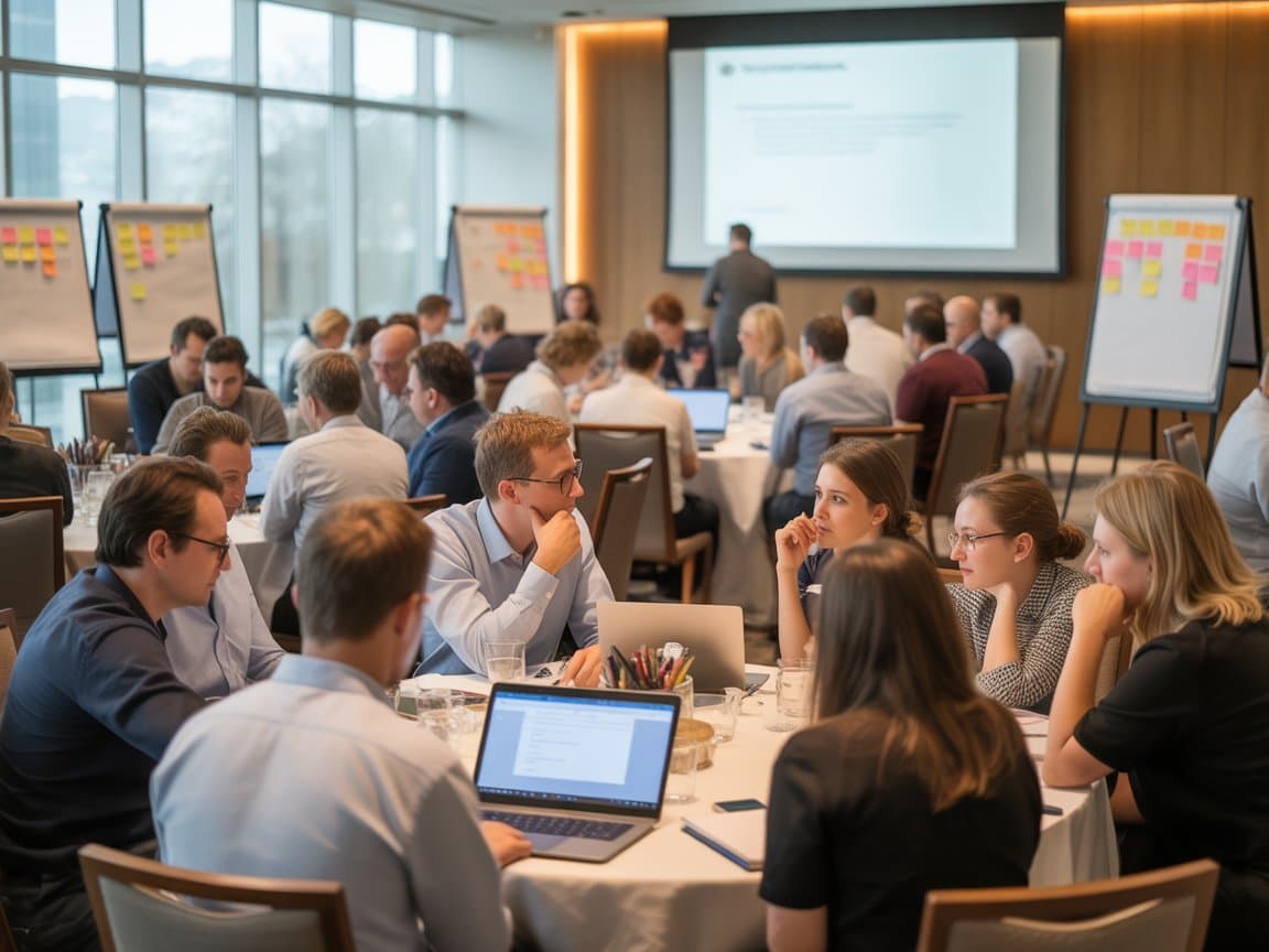 Conference attendees seated at round tables during an interactive workshop session