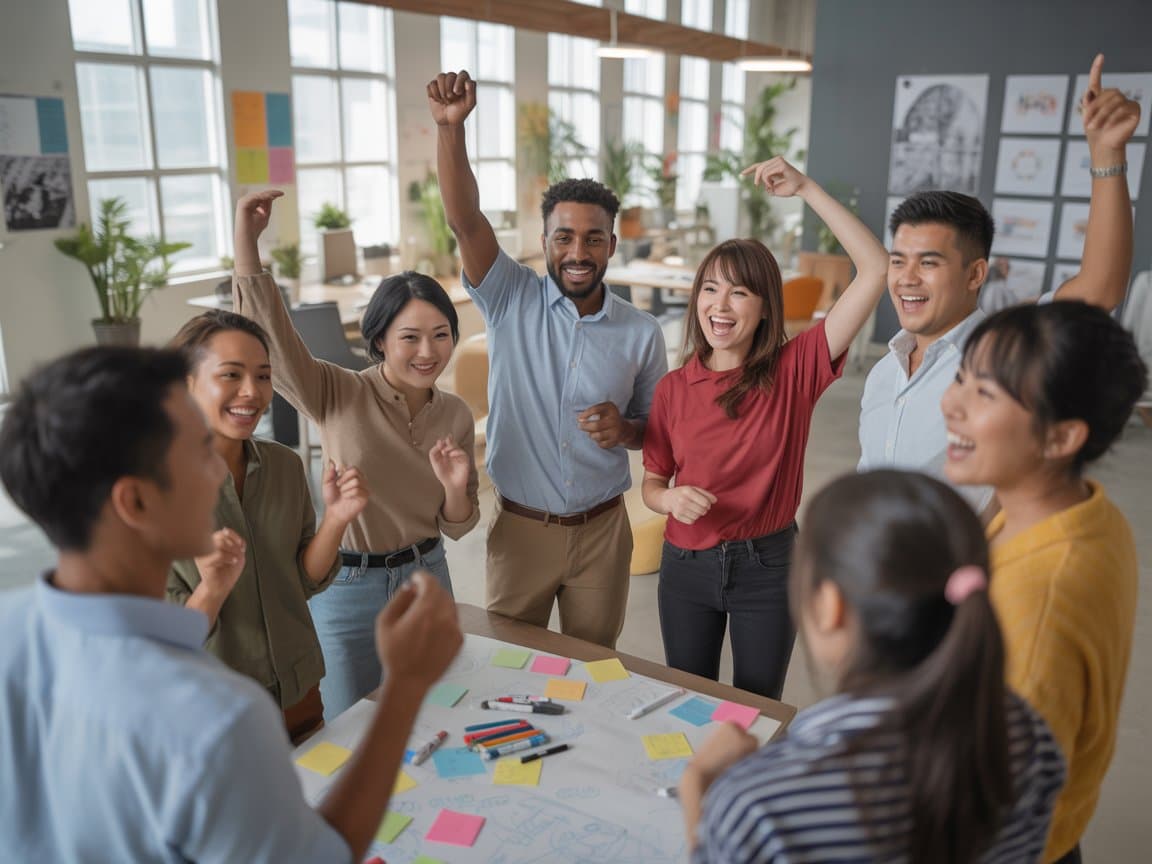 Energetic team-building activity taking place in an office