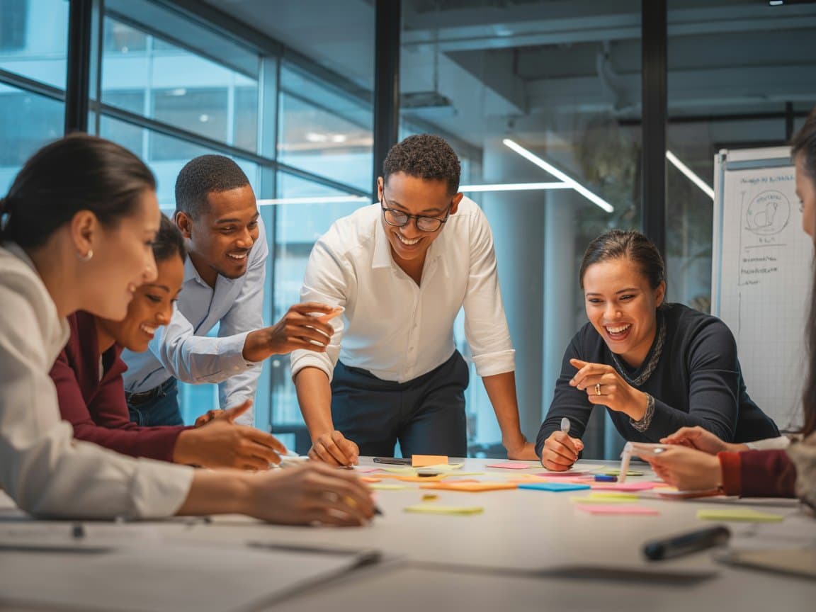 Team building workshop facilitator leading group activities