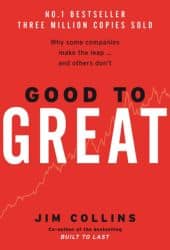 Cover of the book "Good to Great" by Jim Collins, featuring the title in bold letters, a line chart in the background, and text indicating bestseller status and sales figures.