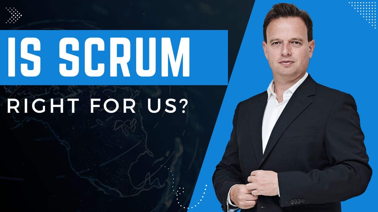 A man in a dark suit stands next to a sign that reads "Is Scrum right for us?" on a dark background with a map outline, highlighting the relevance of Agile methodology in project management.