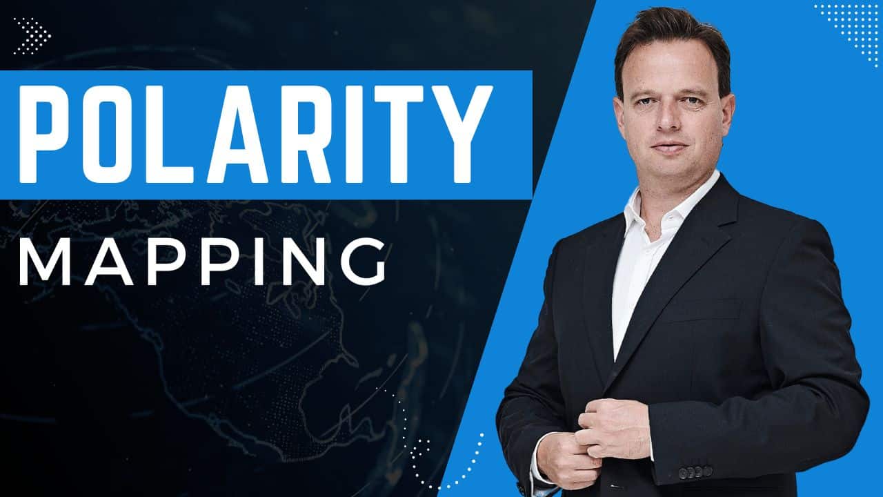 A man in a dark suit stands beside bold text displaying "Polarity Mapping" on a blue background with a faint world map, highlighting the concept of Polarity Mapping in action.
