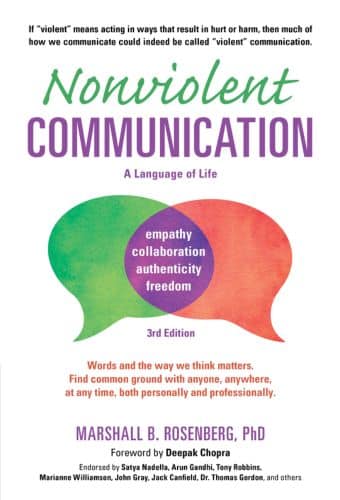 Book cover of "Nonviolent Communication: A Language of Life" by Marshall B. Rosenberg, PhD, featuring colorful speech bubbles with the words empathy, collaboration, authenticity, and freedom. Book cover of "Nonviolent Communication: A Language of Life" by Marshall B. Rosenberg, PhD, featuring colorful speech bubbles with the words empathy, collaboration, authenticity, and freedom.