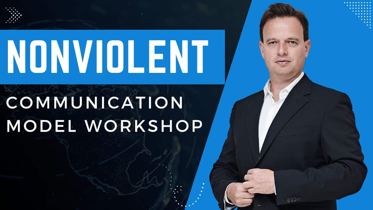 A man in a suit stands beside text reading "Nonviolent Communication Model Workshop" on a blue and black background, highlighting leadership skills inspired by the One Minute Manager.