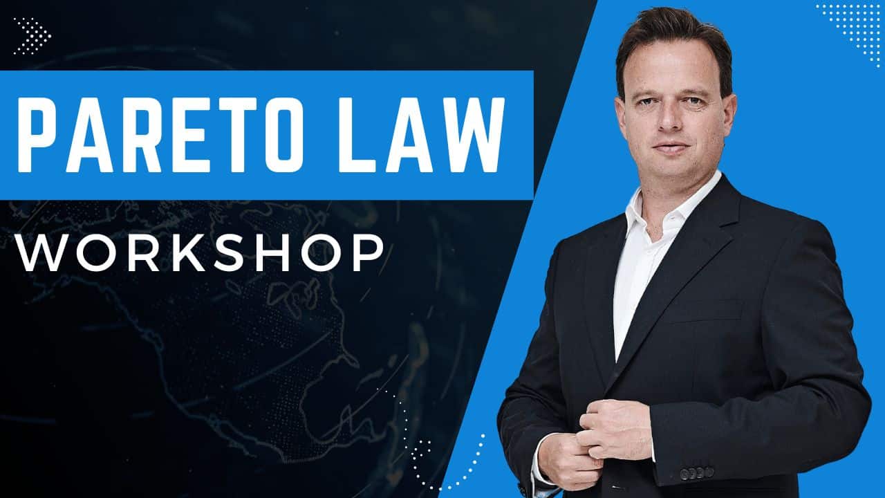 A man in a suit stands next to text that reads "Pareto Law Workshop" on a blue and black background, highlighting principles inspired by the agile framework.